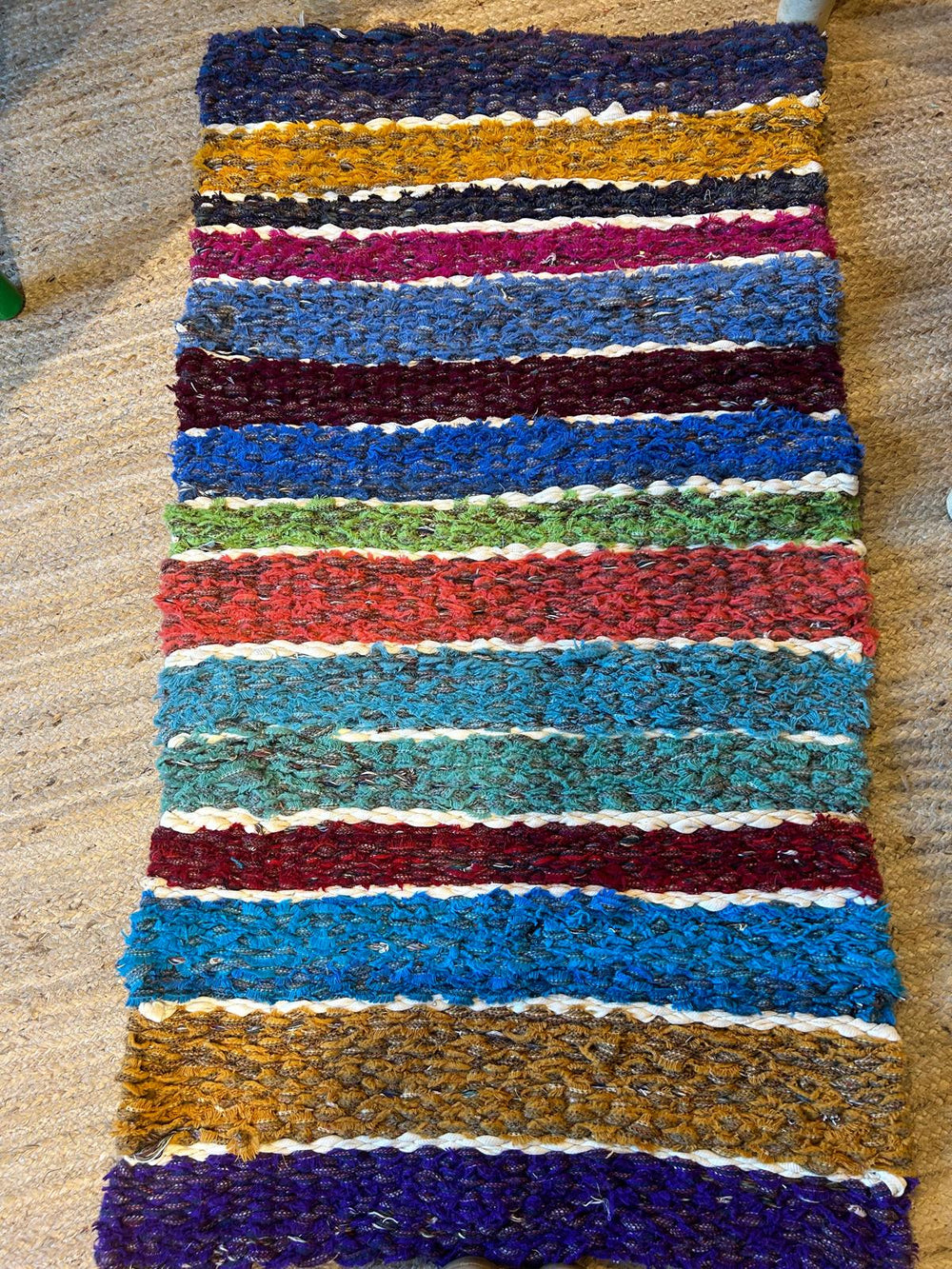 Striped Multicoloured Woollen Peg Loom Woven Rag Rug Runner made by Ragged Life