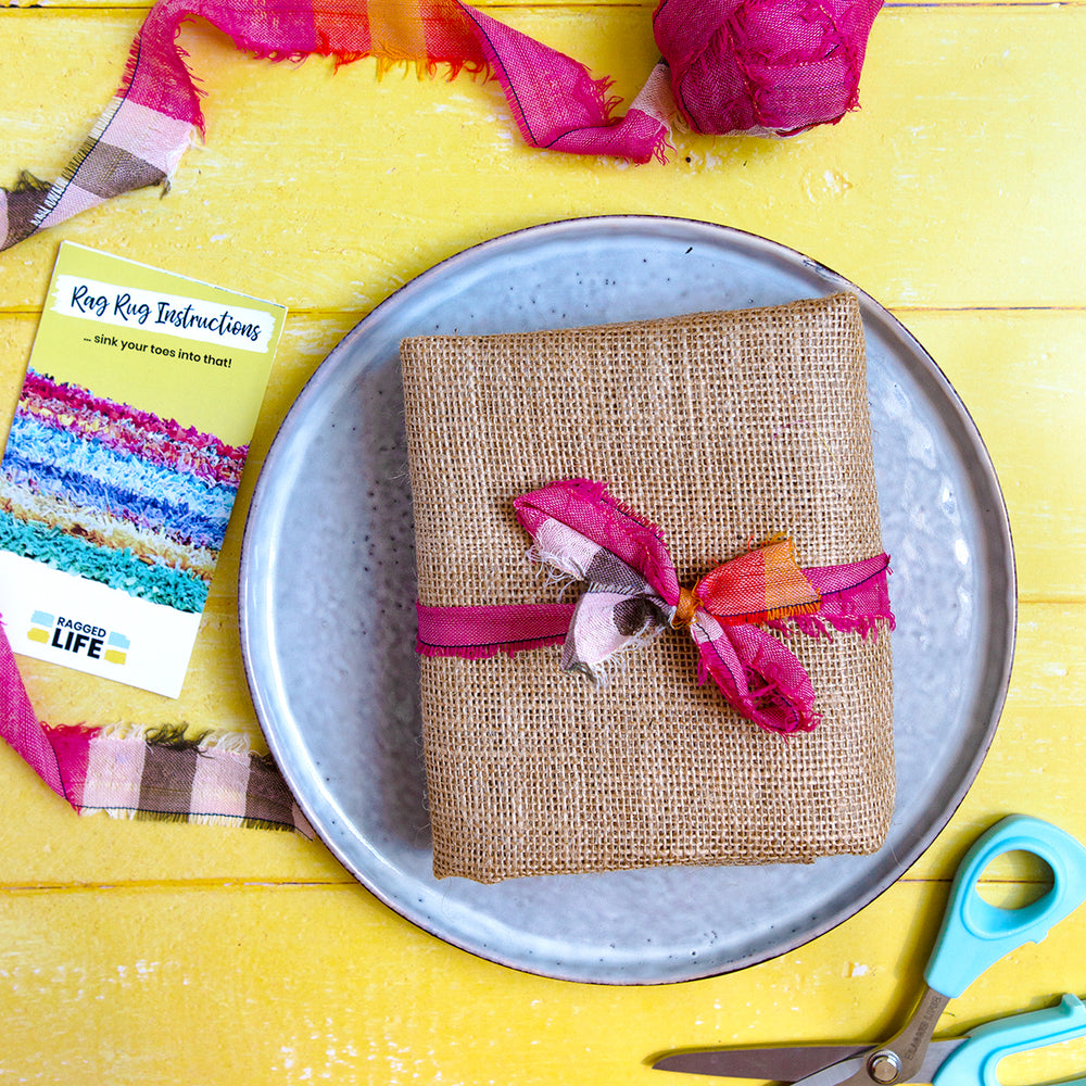 Ragged Life Rag Rug Hessian Burlap (10 holes per inch weave) tied up with fabric strip
