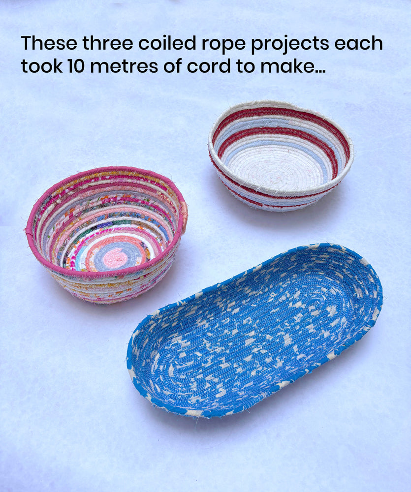 Three coiled rope bowls on a white background with text about cord usage.