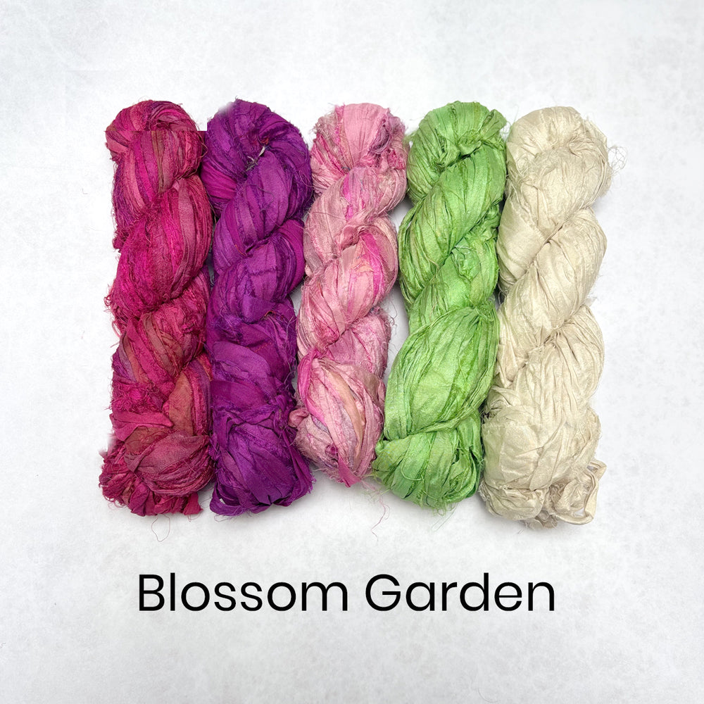 Ragged Life Blossom Garden Nature inspired five skein bundle of recycled sari silk ribbon for crafting 