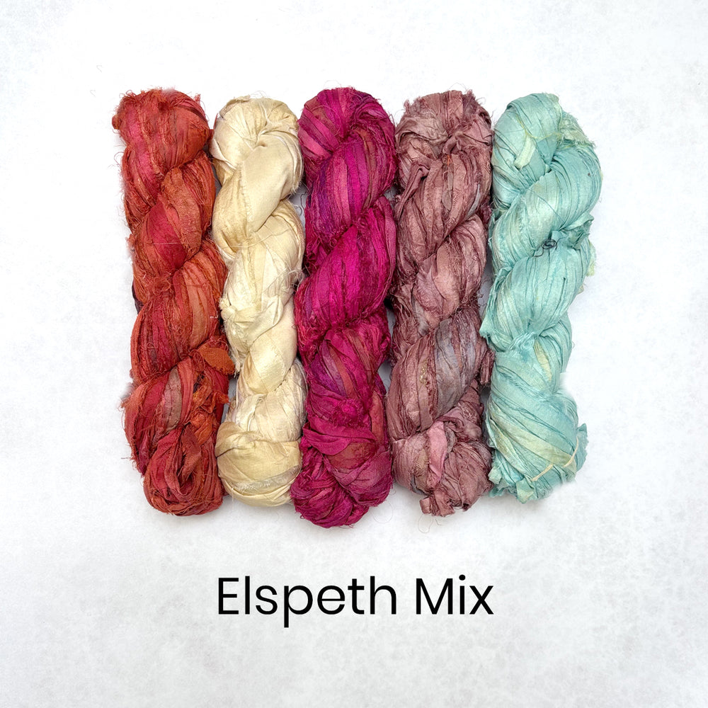 Handpicked sari silk ribbon from Indian wound into 100g skeins for use in rug making, mixed media projects and weddings