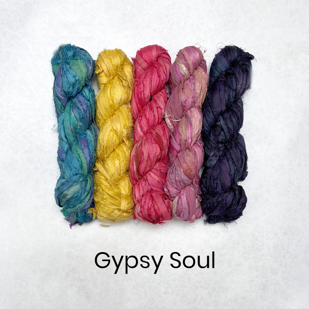 Five braids of colorful fabric strips in blue, yellow, pink, and purple on a white background with 'Gypsy Soul' text.