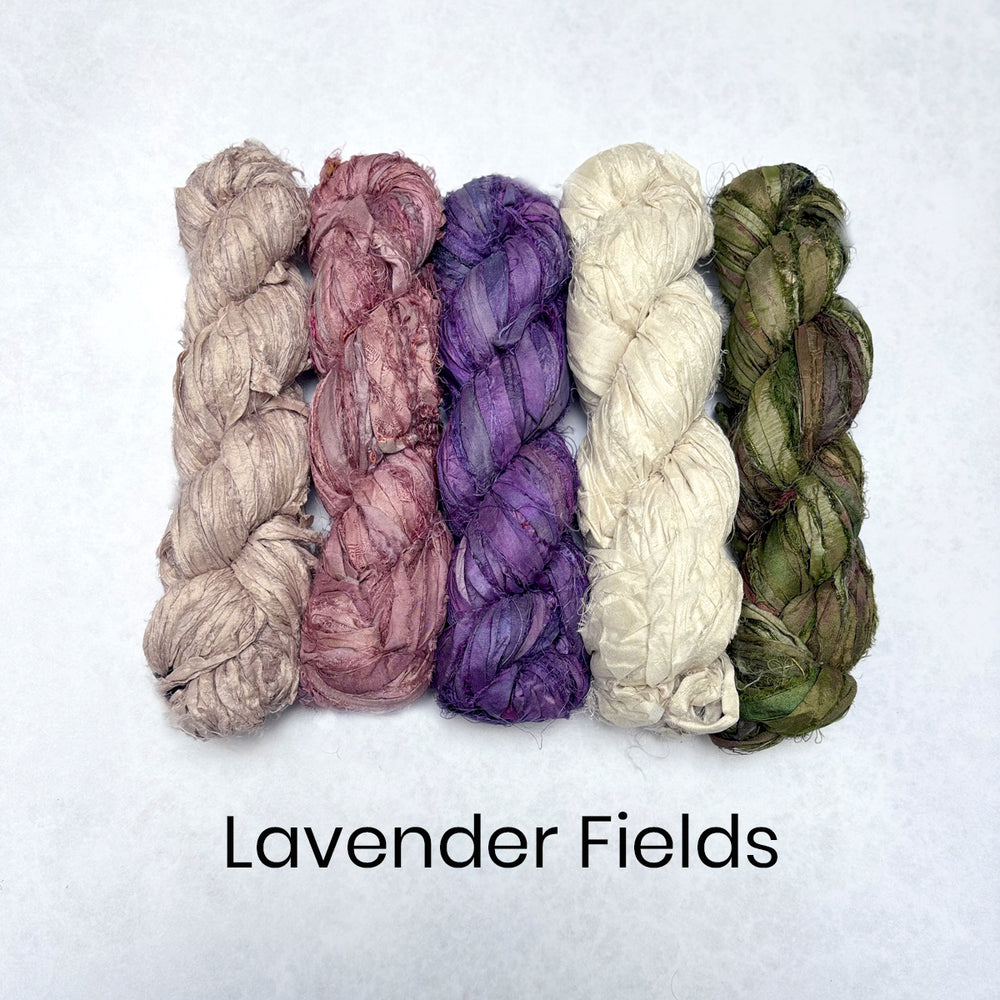Lavender inspired selection of sari silk strips in silver, dusky pink, purple, white and olive green. 