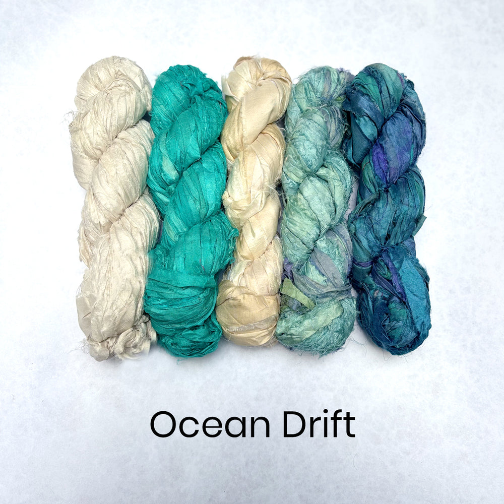 Blue and white sari silk ribbons in Ocean inspired bundle. 