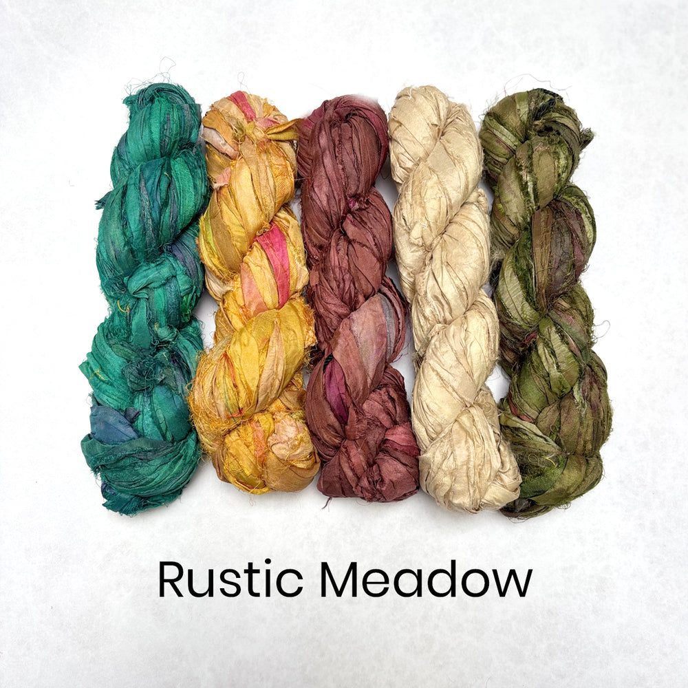 Rustic Meadow bundle of five skeins of sari silk ribbon in green, ochre, brown and camel. Perfect for textile landscapes designs. 