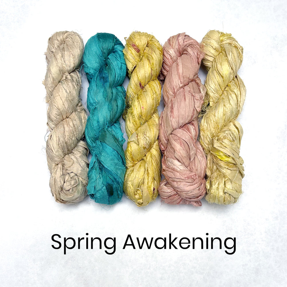 Spring inspired range of recycled sari silk ribbons in soft pastel colours, including yellow, ink, blue and tan. 