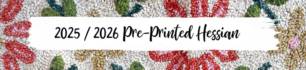 Pre-printed hessian fabric with floral pattern and text overlay