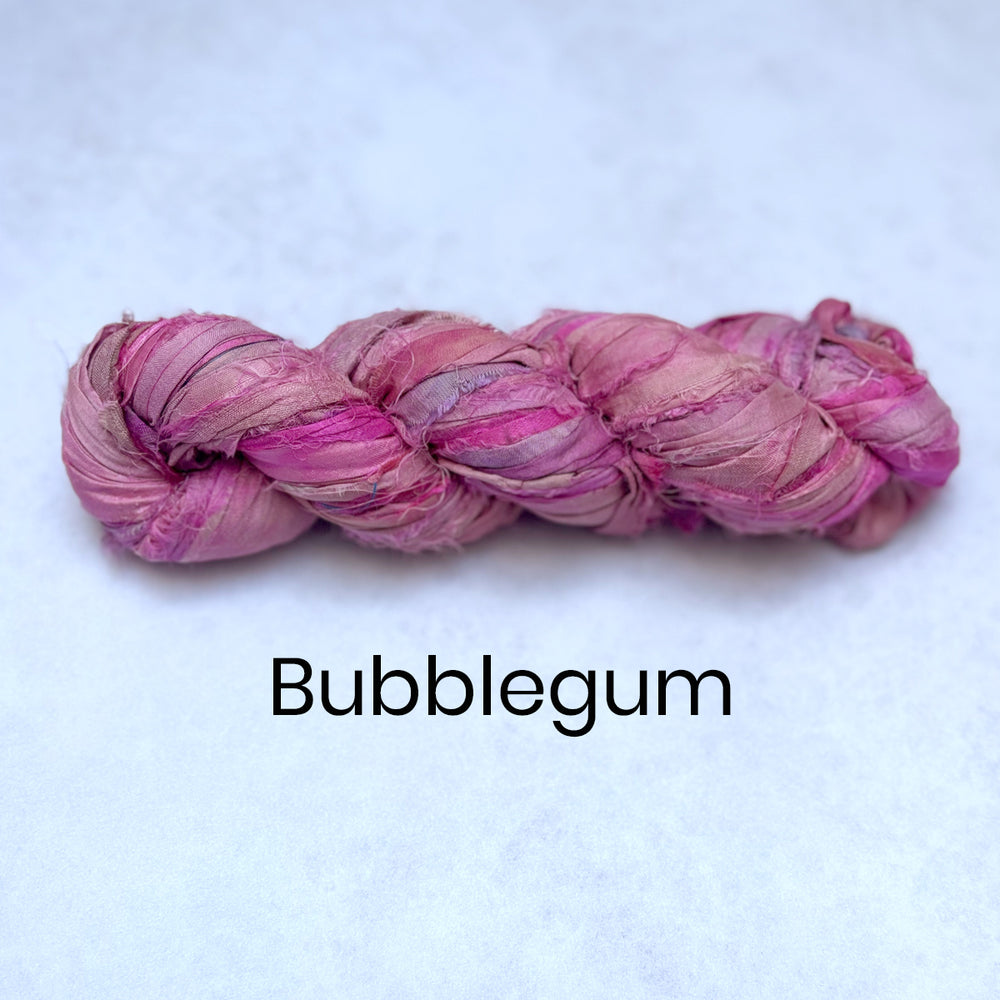Light pink recycled sari silk ribbon in colour bubblegum