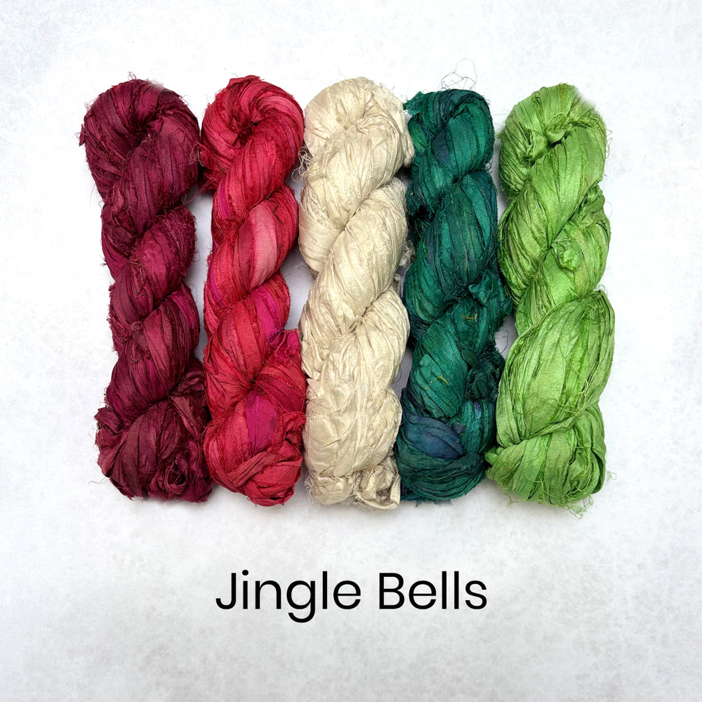 Christmas selection of recycled sari silk ribbon in red, merlot, off-white and green. 