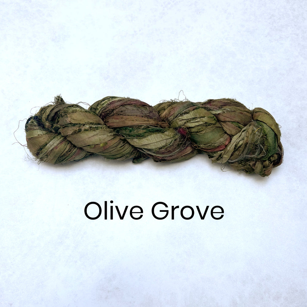Hank of olive green sari silk ribbon strips of fabric for crafts