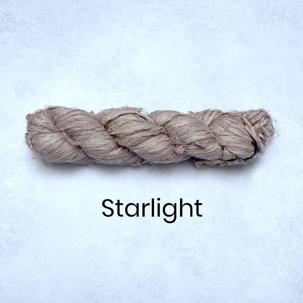 Silver grey coloured recycled sari silk ribbon in colour starlight