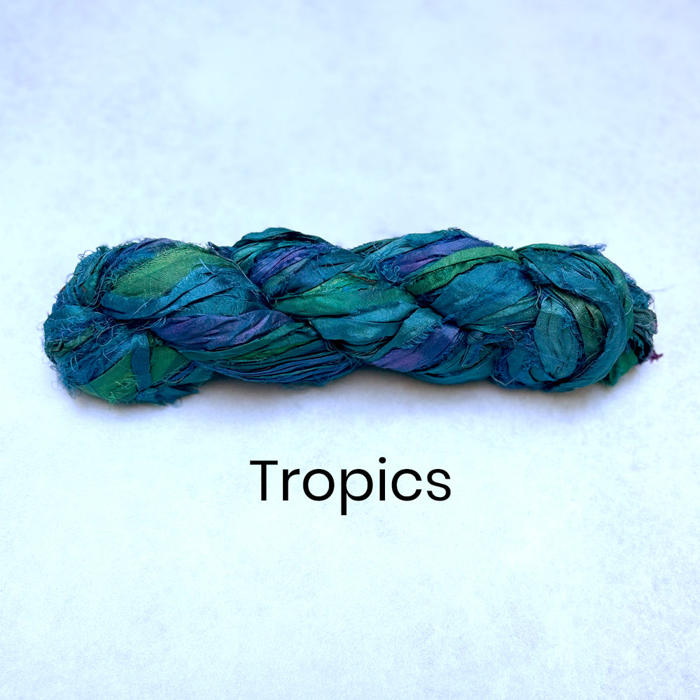 100g of ragged life sari silk ribbon strips of blue and green recycled fabric