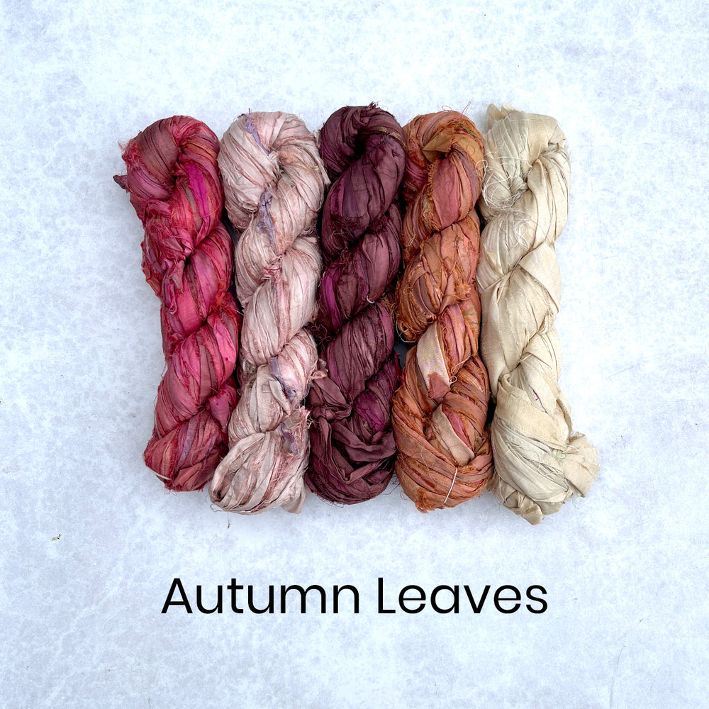 Sari silk ribbon 100g skeins autumn colours including orange brown, cream and tan