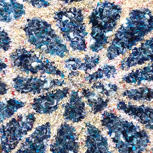Close-up of a textured rag rugging in mixed fabric offcuts with blue and beige patterns