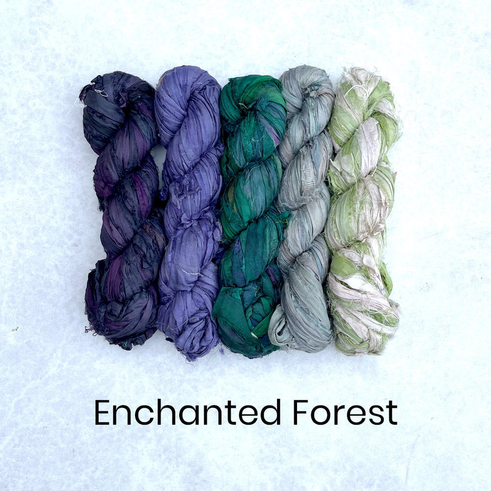 Purple, green navy selection of sari silk ribbon in a group
