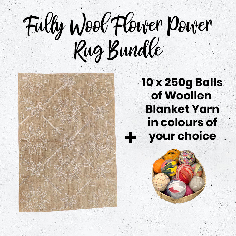 Flower power rug bundle with woollen blanket yarn on a white background