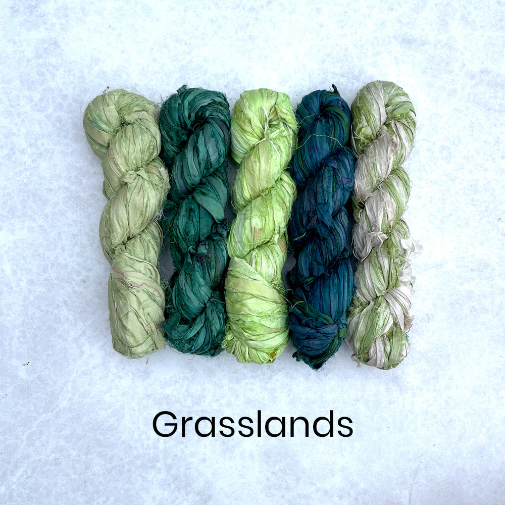 Group of five green sari silk ribbons including lime, olive, light green and dark
