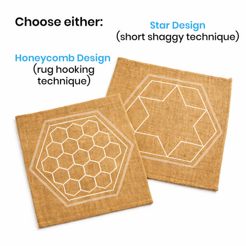 Two colorful hexagonal rag rugs on a light background with text inviting participation in a community project.