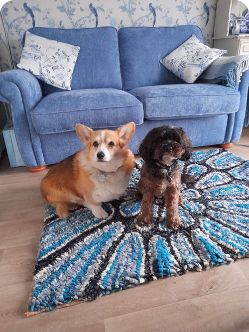 Two dogs on a blue and black patterned rag rug in a living room with a blue sofa.