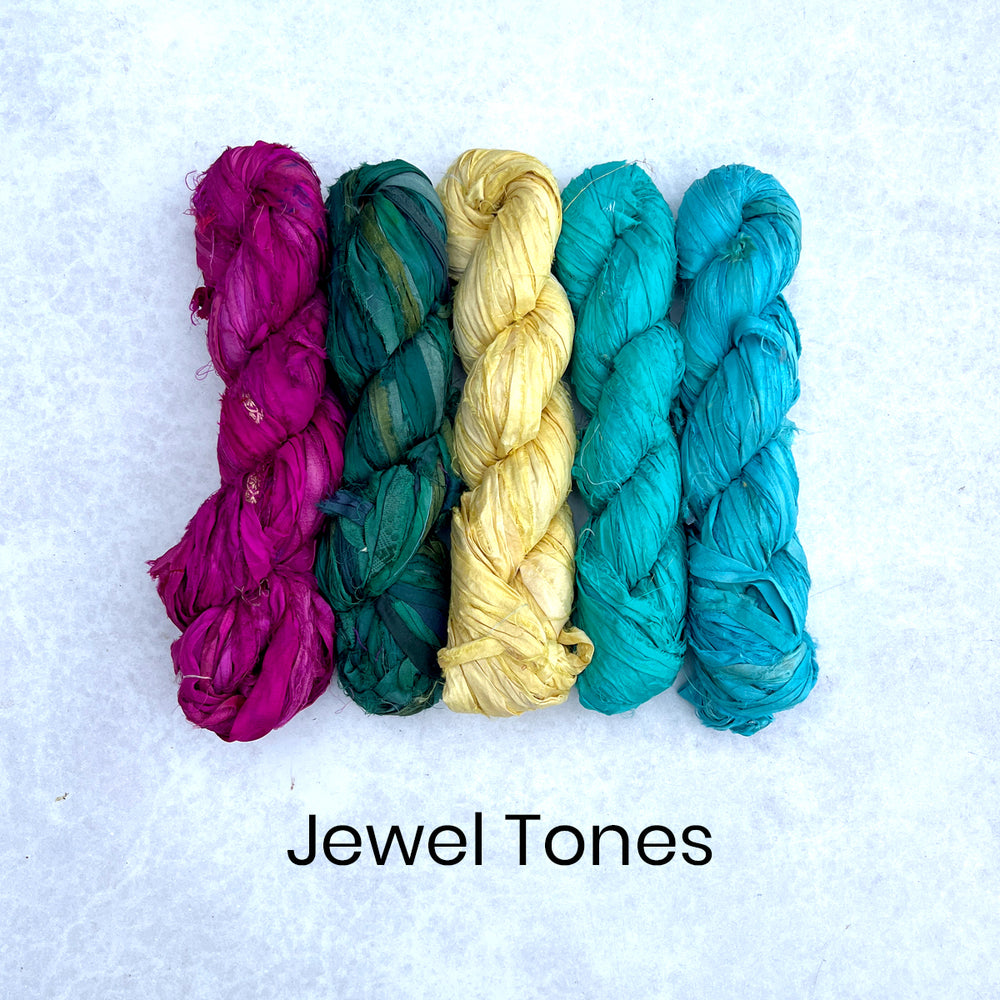 Pink, green, yellow and blue sari silk strips 