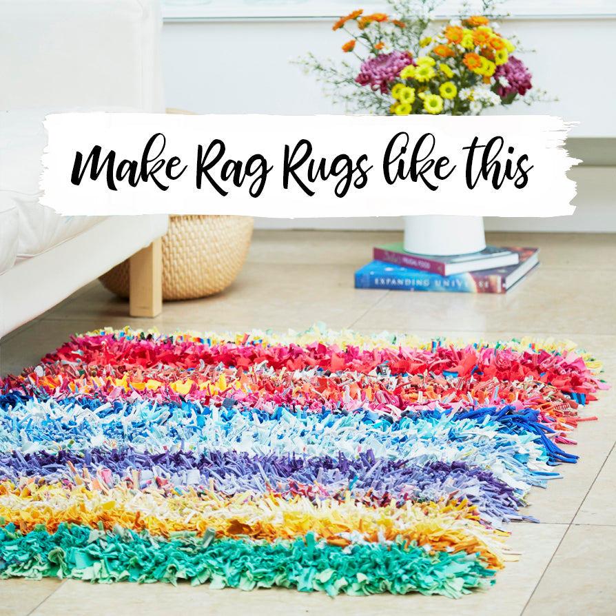 Colorful rag rug on a wooden floor with text overlay 'Make Rag Rugs like this'.