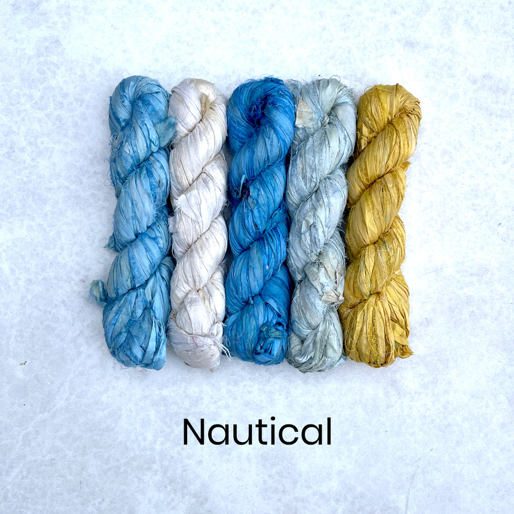 Blue, yellow and ivory colours of sari silk ribbon strip