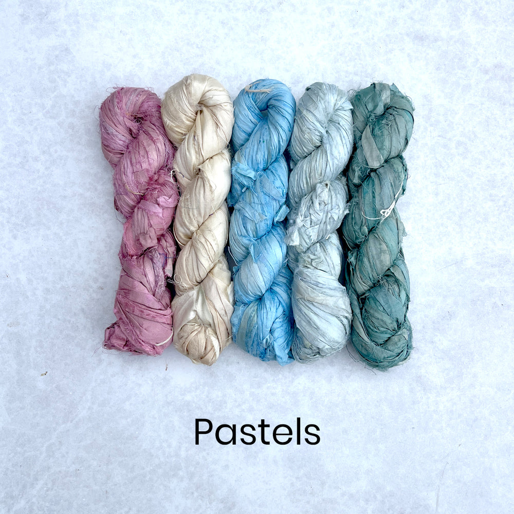 Light pastel selection pack of sari silk ribbons for crafts and textile art