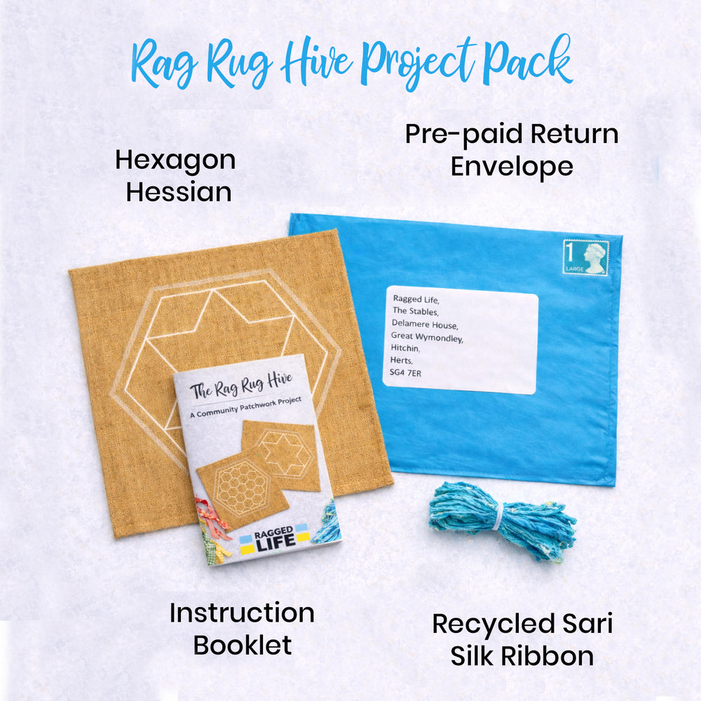 Rag Rug Hive Project Pack with hexagon hessian, pre-paid return envelope, instruction booklet, and recycled sari silk ribbon on a white background.