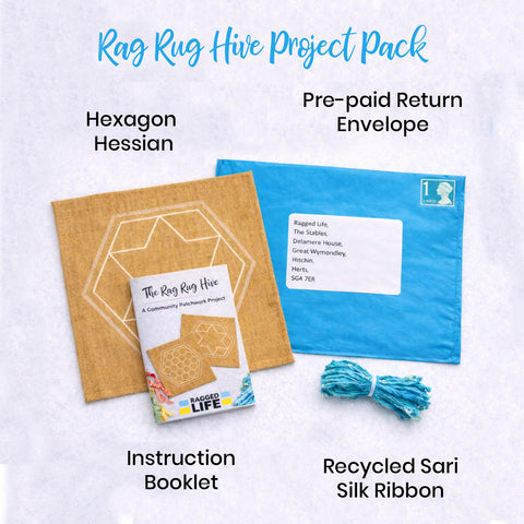 Two colorful hexagonal rag rugs on a light background with text inviting participation in a community project.