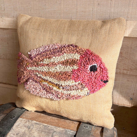 Hessian / Burlap Square cushion cover with rug hooked fish design 