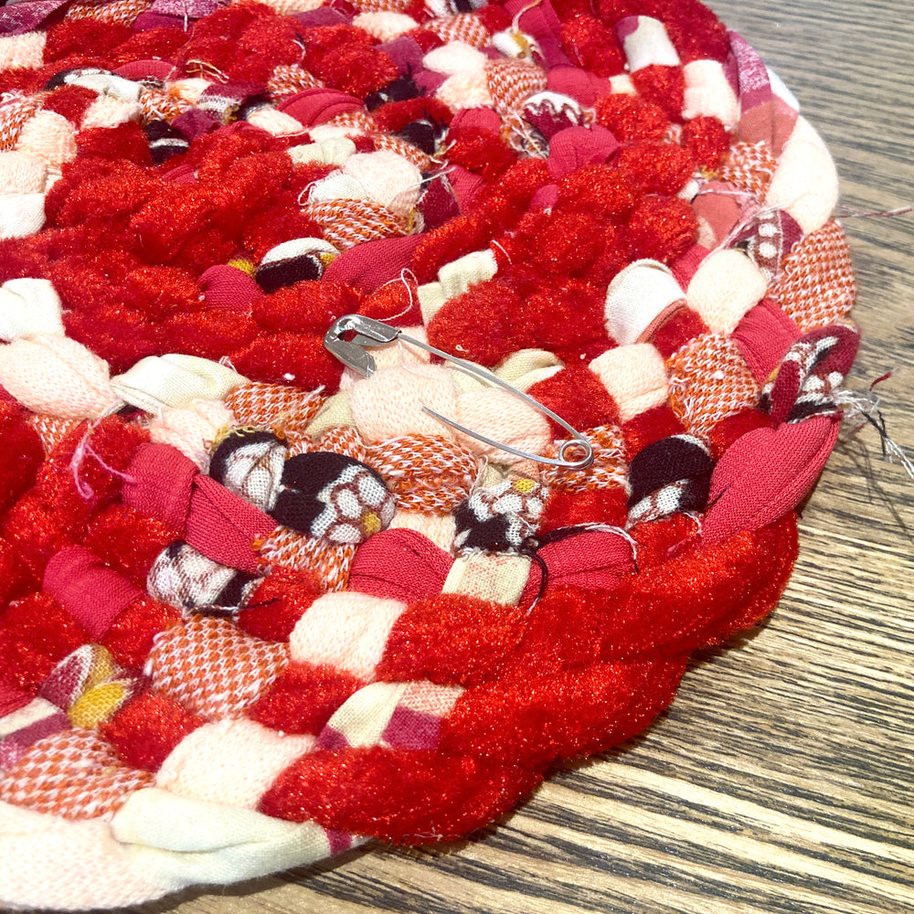 Braid-in Rag rug made using cotton sheets, jersey t-shirts and fabric strips and offcuts