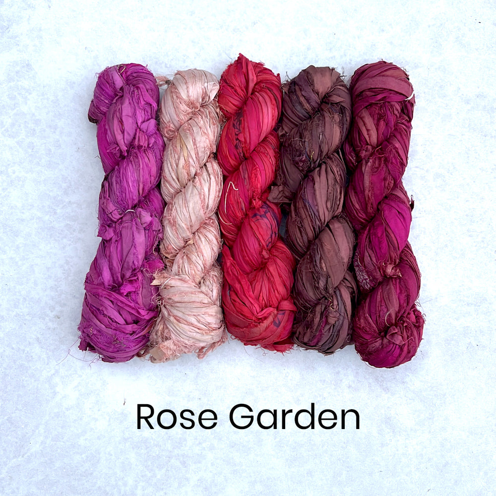 Rose garden group of sari silk ribbons in burgundy, pink, brown and cream colours
