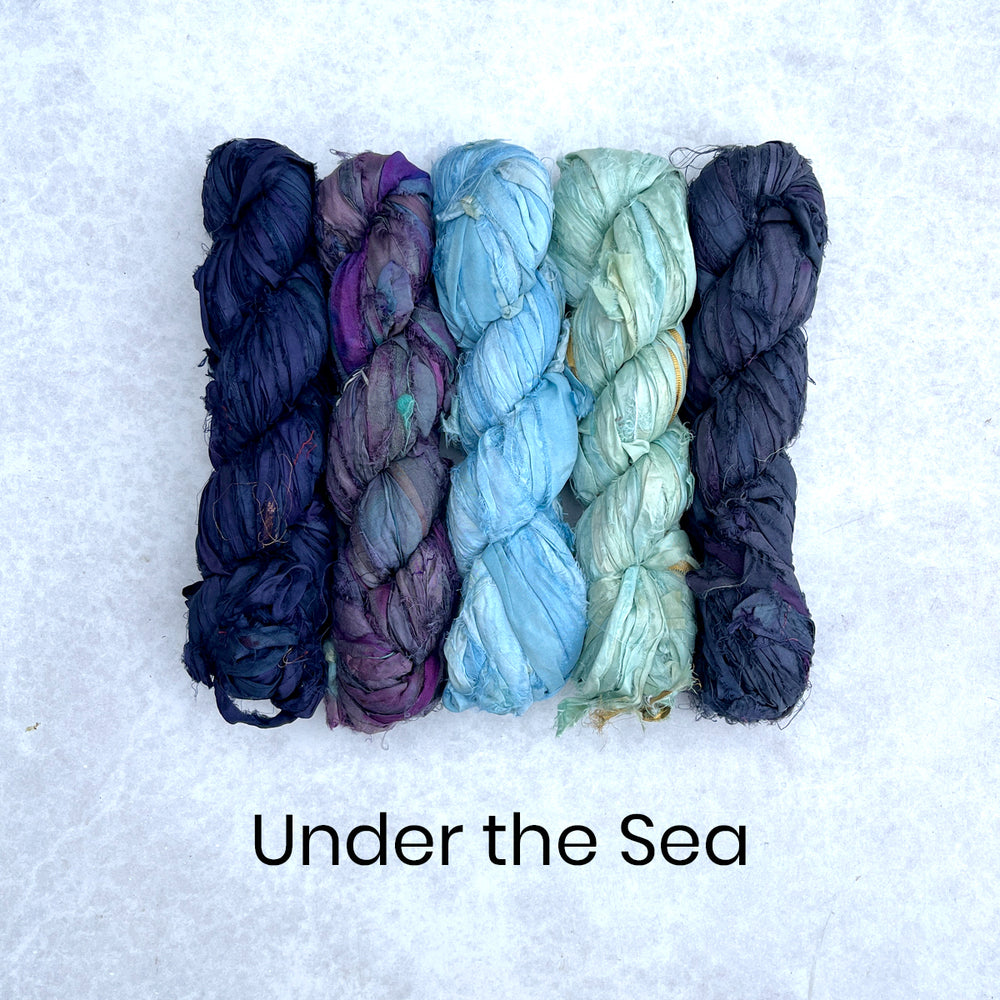 Purple, dark blue, green and grey sari silk ribbons by ragged life