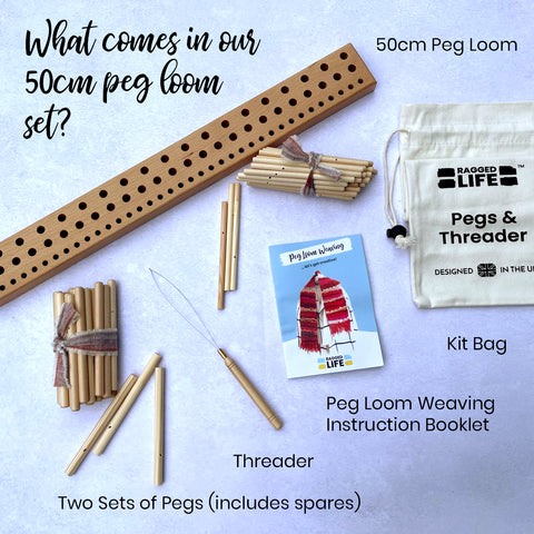 Ragged Life 50cm long wooden peg loom set with threader, instructions and pegs. All the tools and equipment needed to make a peg loom woven rug. 
