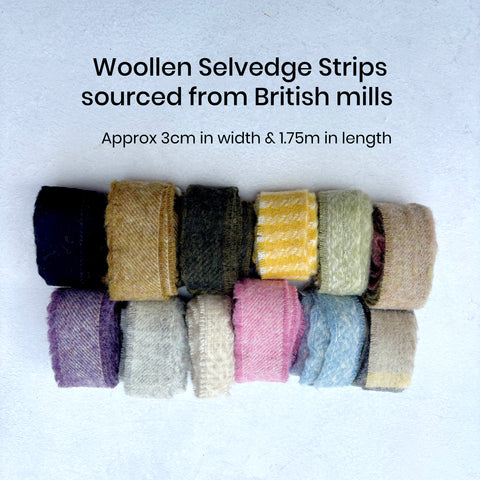 Wool selvedge strips for rug hooking and rag rug making