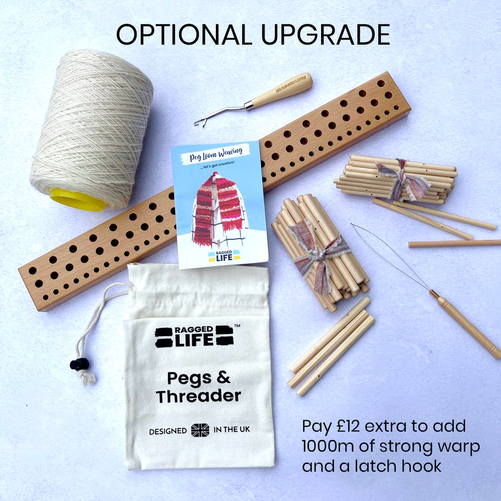 Complete Ragged Life peg loom weaving set with warp and latch hook. 