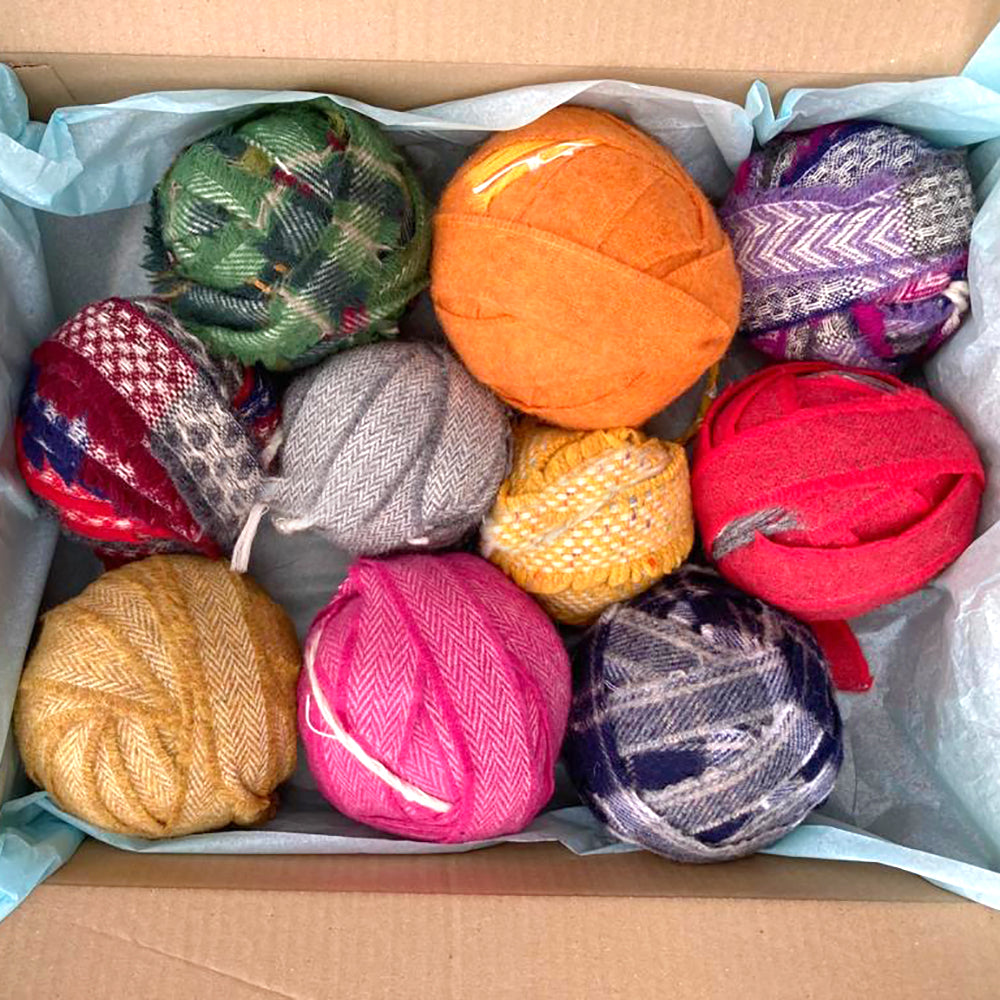 Box of mixed blanket offcut balls in the lucky dip pack
