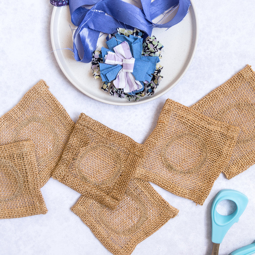 Ragged Life Hemmed hessian to make five rag rug flowers 10 holes per inch (10HPI)