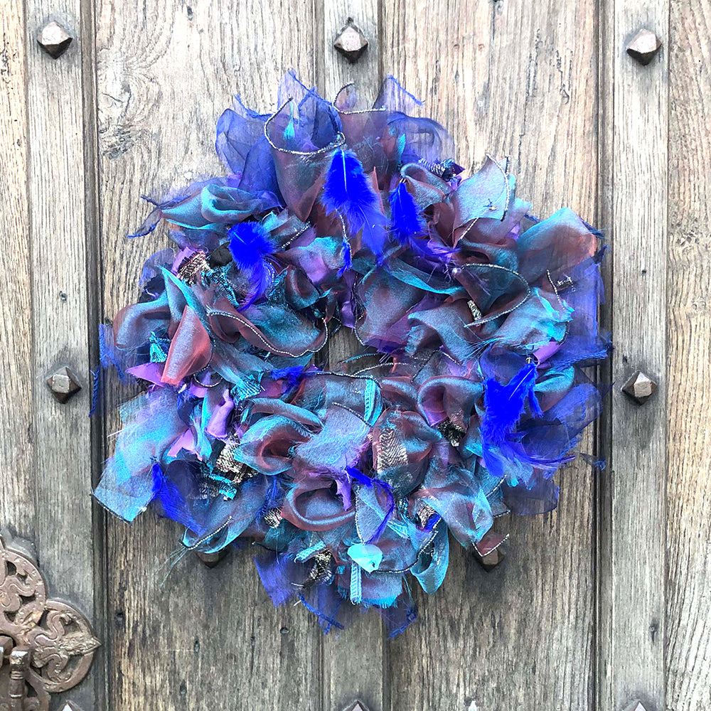 Blue and feather rag rug festive wreath