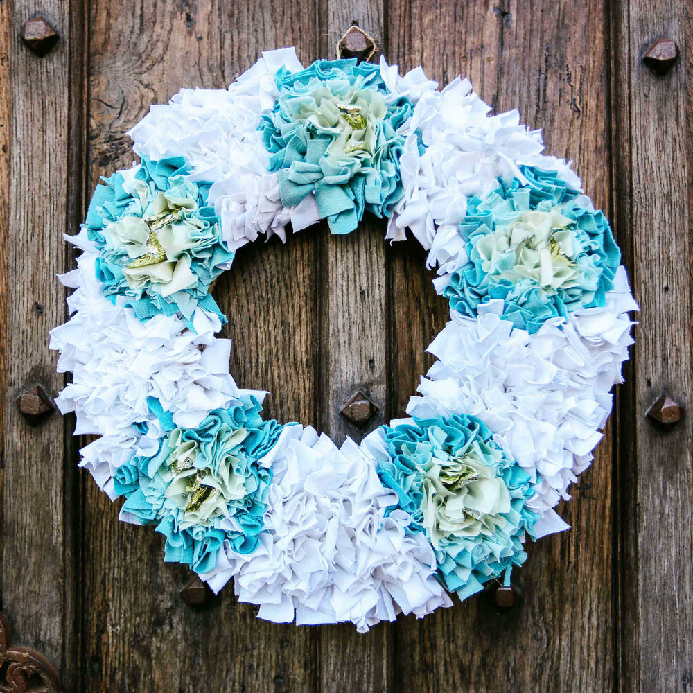 White and Blue Rag Rug Christmas Wreath Made of Textile Waste