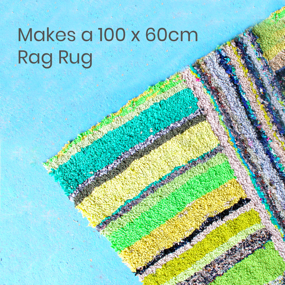 Green loopy rag rug in hooky technique