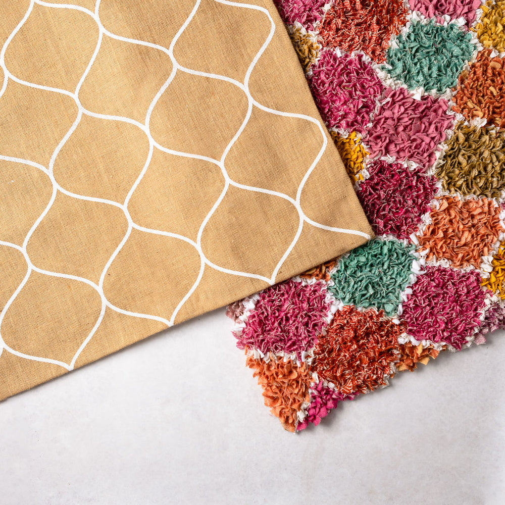 Pre-printed lantern hessian base hemmed for rag rug making