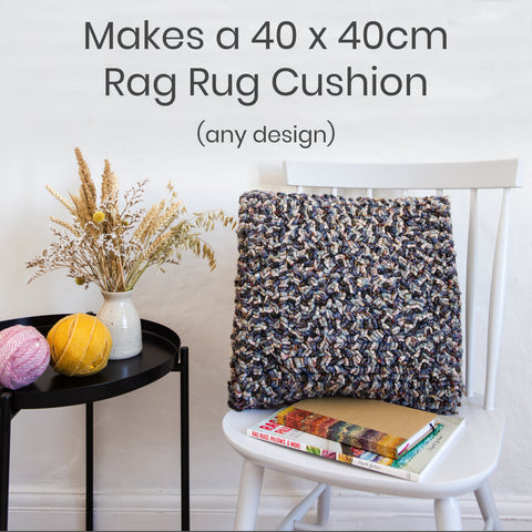 Ragged Life Rag Rug Cushion Kit with latch hook, gauge, marker pen, hemmed cushion hessian how to instructions.