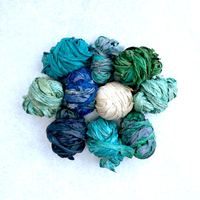 5 Color Sari Silk Sampler Recycled Multi Sari Ribbon Teal and Green, 2 Yds  Each, 10 Yds Total 
