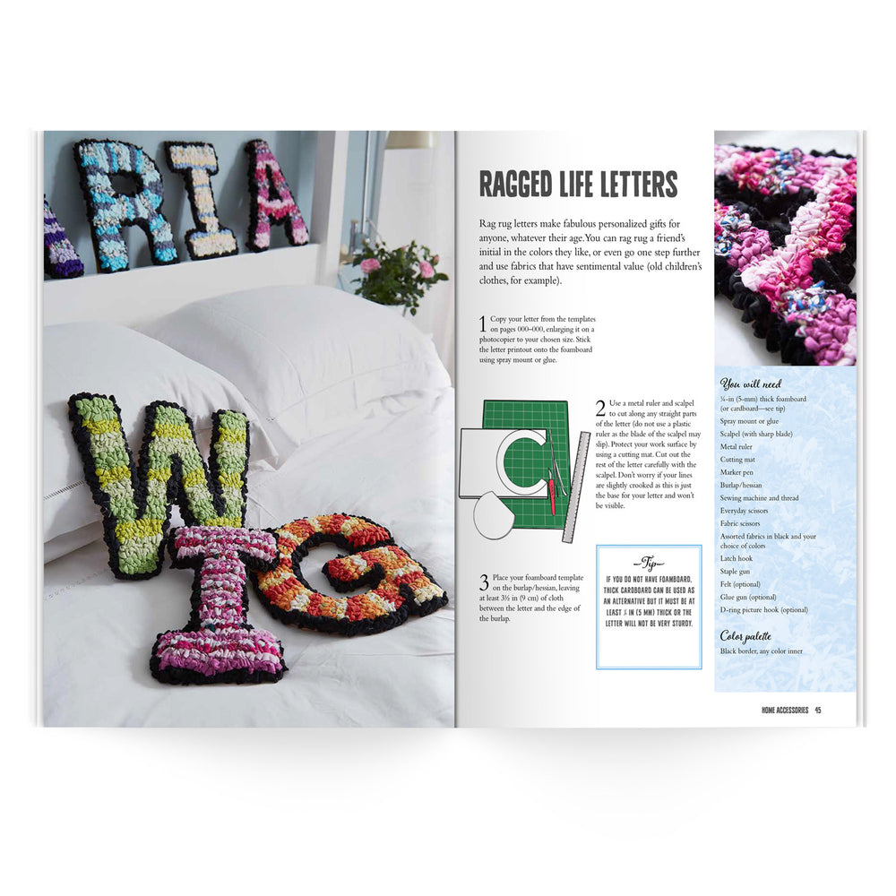 Ragged Life Rag Rugs, Pillows and More signed instruction/ tutorial and craft inspiration book by rag rug tutor Elspeth Jackson open on the rag rug letter instruction page. 