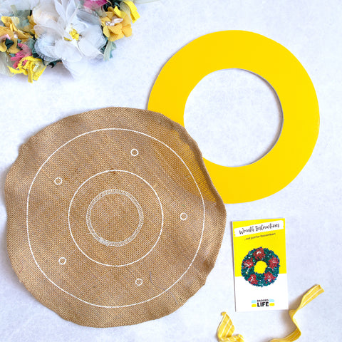 Ragged Life Rag Wreath Set with Instructions and Yellow Mount to make a Christmas wreath.